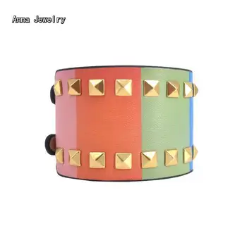

New Elegant Designer Extra Wide Gold Studs Bracelet,Colorful Leather with Yellow Gold Rivets,Fashion Cuff Bracelet For Women
