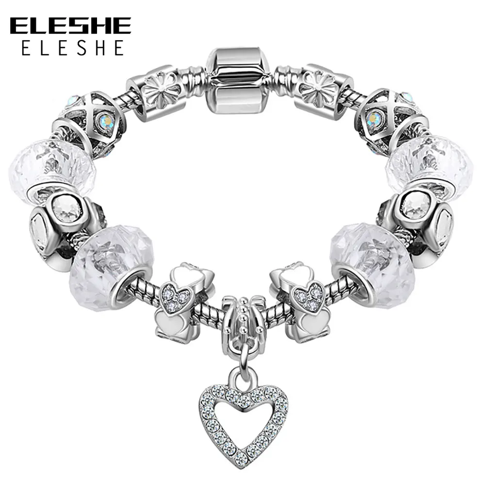 ELESHE Women Bracelet 925 Antique Silver Crystal Charm Bracelet&Bangle With Murano Glass Bead Bracelet for Women Fashion Jewelry
