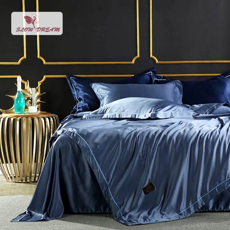 

SLOWDREAM Luxury Bedding Set Double Linen Silk Flat Sheet Euro Blue Bedspread Duvet Cover Comforter Adult Queen King Bedclthes