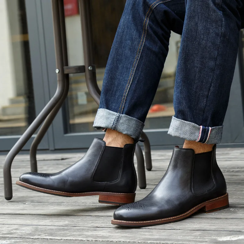 QYFCIOUFU/мужские ботинки из натуральной кожи в британском винтажном стиле; цвет черный, коричневый; простые ботинки «Челси» с острым носком; мужские Ботильоны; Новинка года