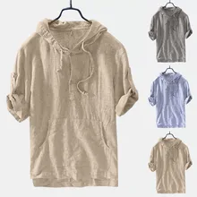 Новинка, стильные мужские топы, мешковатые свободные полосатые рубашки с капюшоном и коротким рукавом в стиле ретро, топы, M-3XL, Nuevo estilo de moda masculina