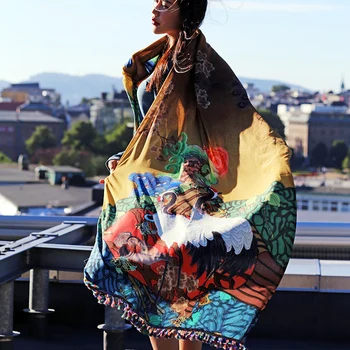 

MX120 New Arrival 2016 Vintage Bohemian Style Tassel Ethnic Printed Chiffon Wrap Pashmina Women