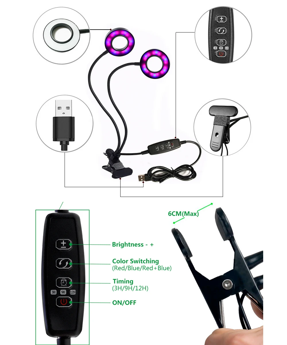 Dual Head светодиодные лампы для роста растений 18 Вт клип на завод расти лампы 360 градусов Регулируемый s-образный Крытый садовый парник
