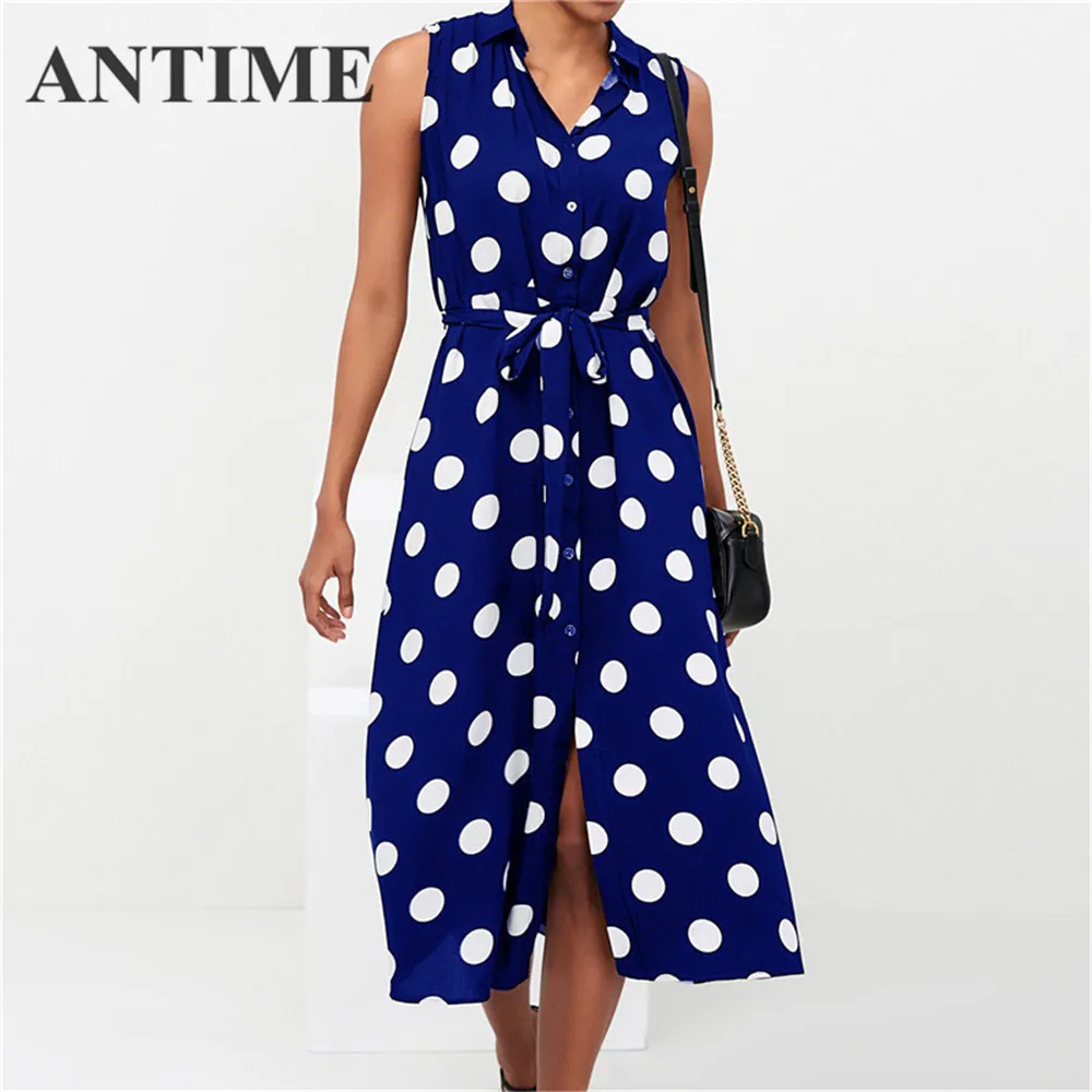 

ANTIME Midi Pretty Dresses Women Casual A Line Split Sleeveless with Buttons Polka Spring Summer Sashes Turn Down Neck Dress