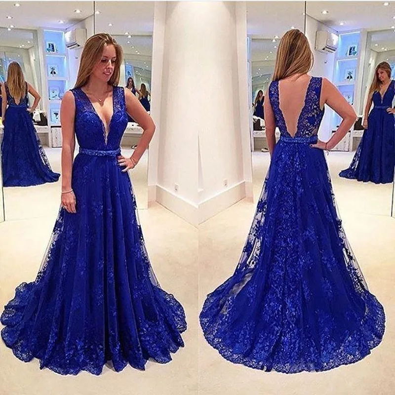 vintage royal blue evening dresses 2017 low v neck backless lace long