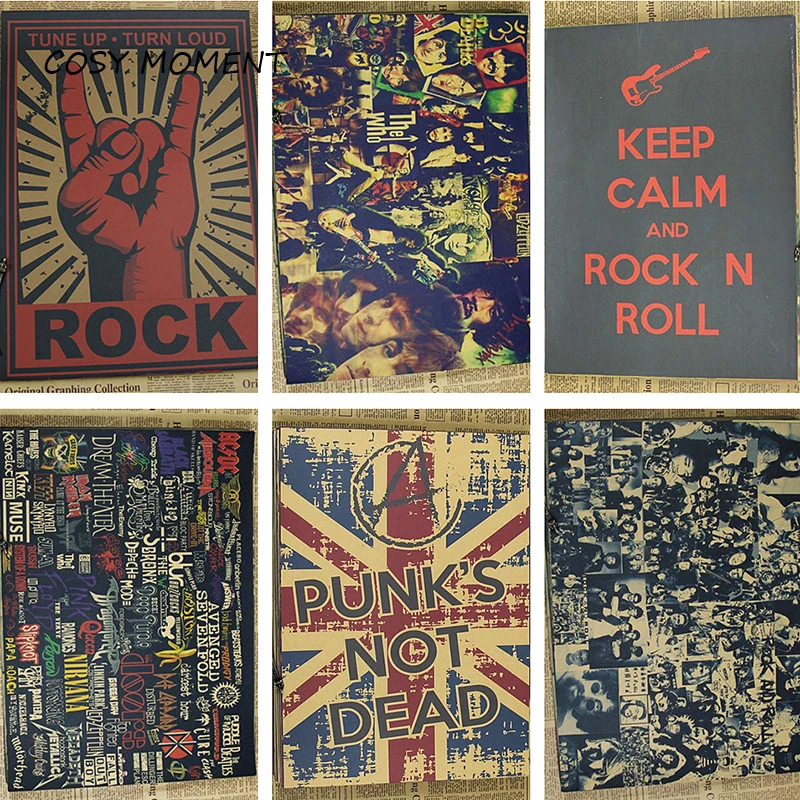 

COSY MOMENT Keep Calm Rock and Roll Vintage Poster Rock Collections Retro Kraft Cafe Bar Wall Decoration Painting Poster QT389