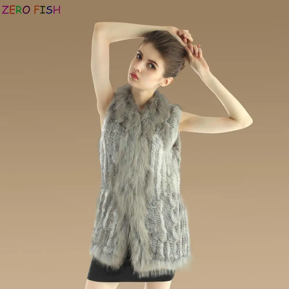 

Lady Real natural rabbit fur vest waistcoat autumn jacket women cloth sleeveless with raccoon fur collar for winter gilet