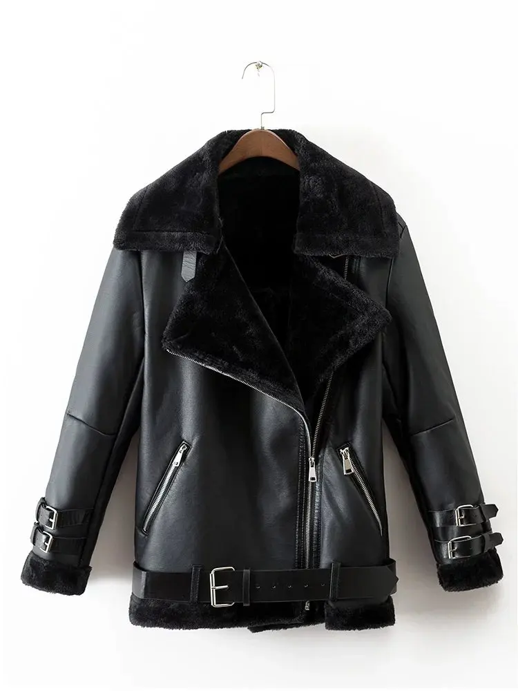 

Women Faux Fur Leather Jacket Coat Winter Motorcycle Faux Leather Jacket Woman Winter Fashion Outwear Short Jacket Overcoat
