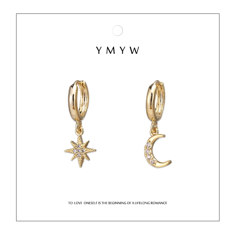 

YMYW Fashion Korean Star Moon Asymmetric Dangle Earrings Charm Copper 16 k Plated Gold Earrings for Women Bijoux En Argent 925
