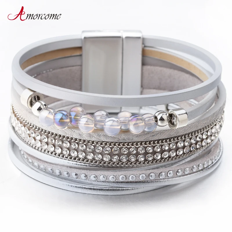 Amorcome многослойные кожаные браслеты для женщин Femme Модные Ручной Работы Бохо хрустальные бусины широкий браслет обруча женские ювелирные изделия