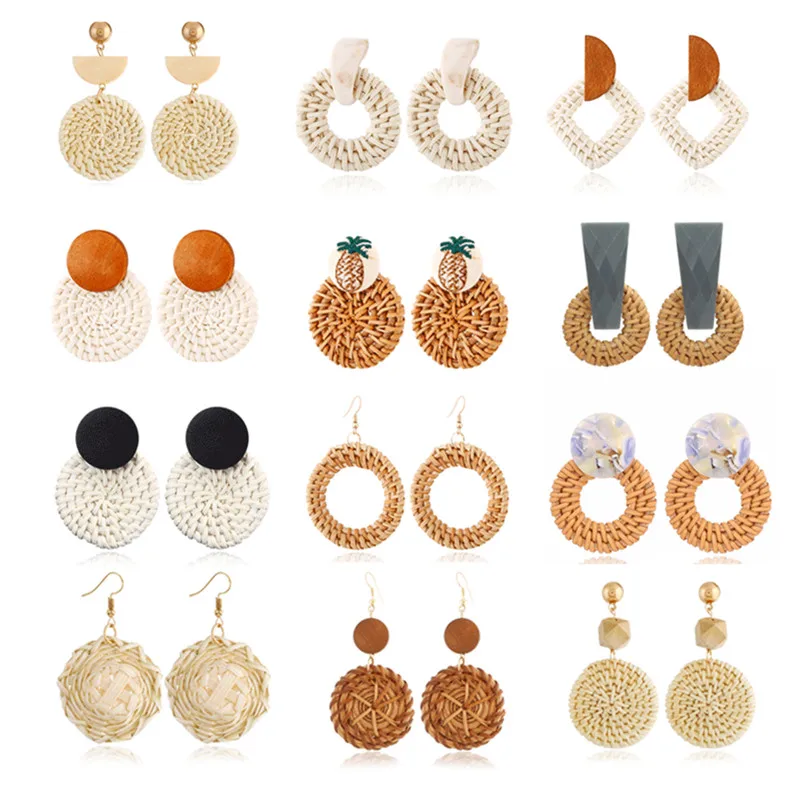 

Women Straw Rattan Woven Boho Wooden Hoop Earrings Geometric Dangle Ear Stud Jewelry Gift