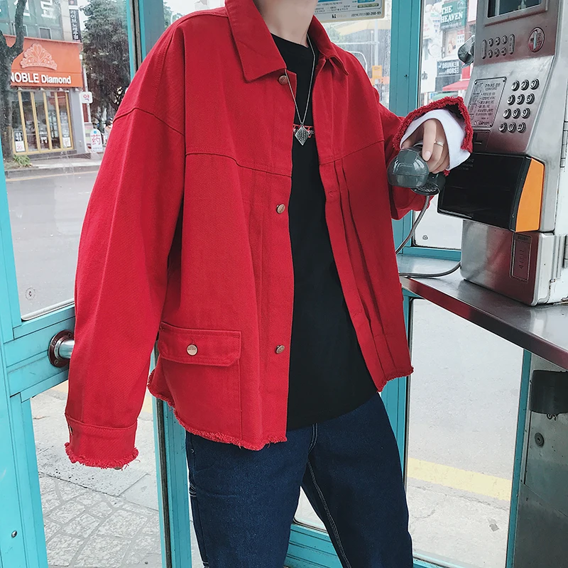 

MIXCUBIC 2019 spring England style washing Unique burr Denim jackets coats men red casual loose wild denim jacket men,M-XXL