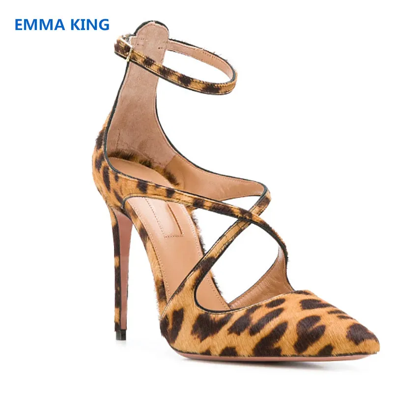 

Spring New Leopard Prints Sexy Women Pumps Pointed Toe Cross Strap Design Roman Sandals Ankle Buckle Stiletto High Heels Shoes