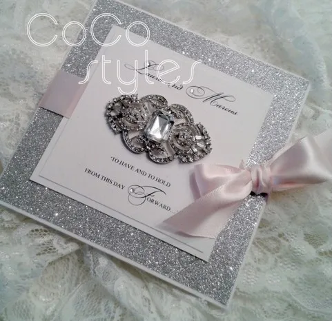  Cocostyles customized luxury silver print glitter design invitation card with brooch and ribbon for - 32891000251