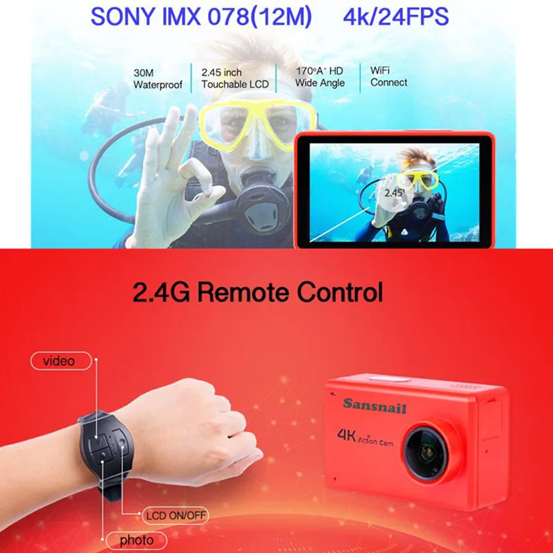 Оригинальная Экшн камера B1 Sansnail 16 МП 4k 24fps 2 45 дюйма novatek 96660 сенсорный экран