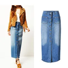 Джинсовые юбки в винтажном стиле, однобортные, на пуговицах, с высокой талией, вымытые синие юбки, формальные прямые элегантные женские длинные юбки
