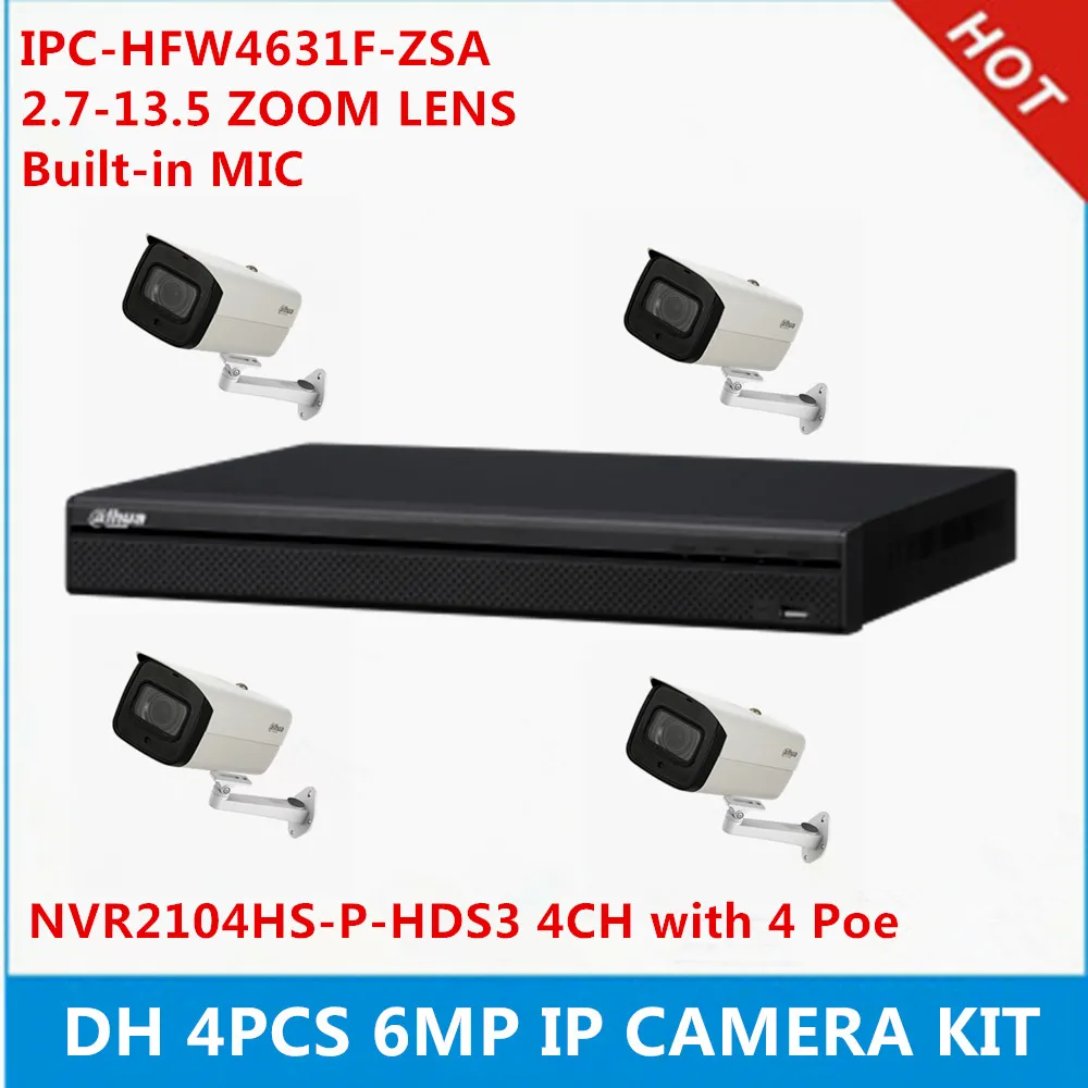 

DH 4 pcs IPC-HFW4631F-ZSA built-in Mic 2.7-13.5mm zoom lens 6MP Camera & NVR2104HS-P-HDS3 4CH with 4 POE Ports NVR support P2P