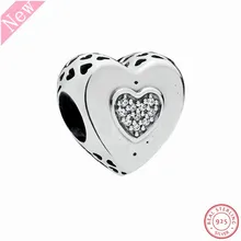925 стерлингового серебра центральный мерцающий CZ классические бусины-брелоки в форме сердца DIY Fit PANDORA Подвески для изготовления ювелирных изделий FL696