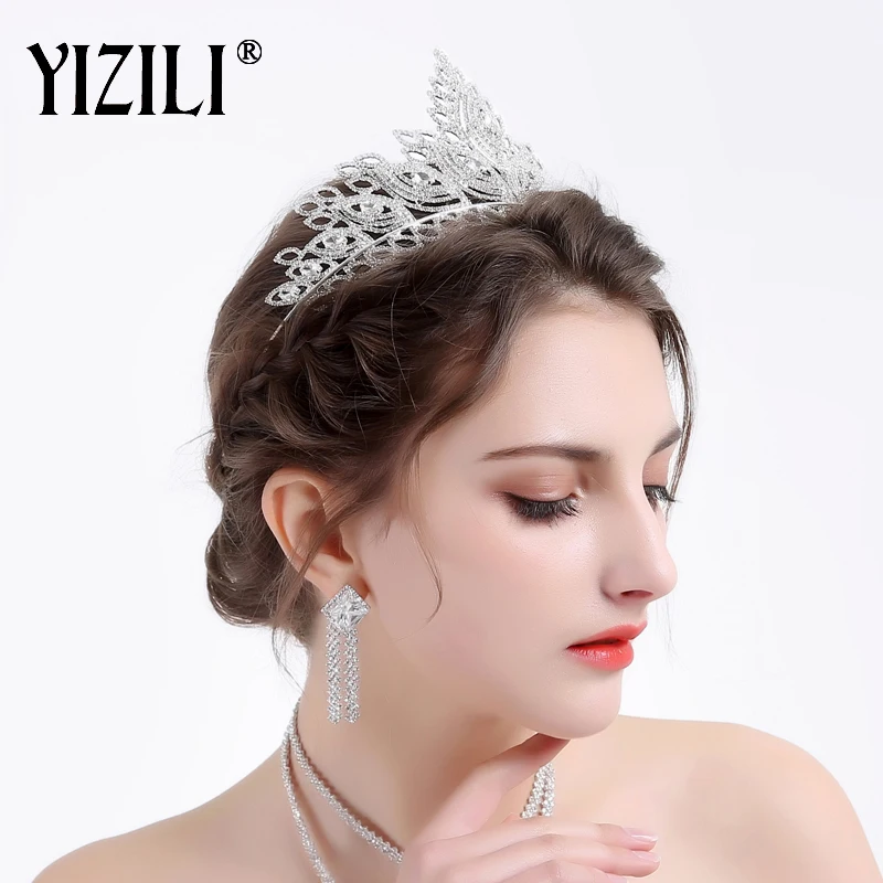 YIZILI роскошный посеребренный Дамы показать вечерние великолепный сверкающий кристалл большая свадебная корона полотенце украшения для волос невесты C019