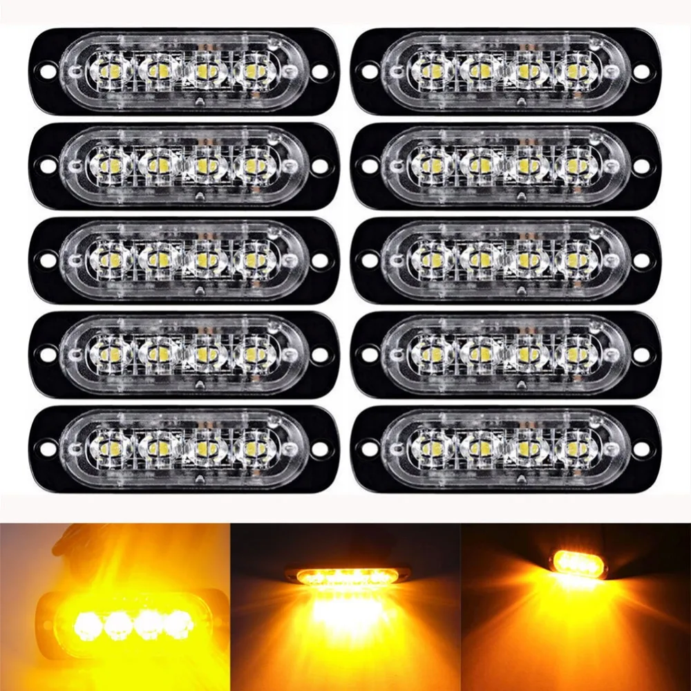 

10Pcs Car Truck Amber 4LED Flash Emergency Light Hazard Strobe Warning Headlights Lamp Kit