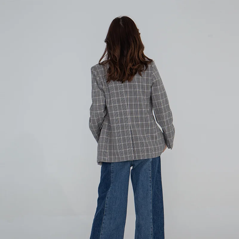 Spring Plaid Double-breasted Casual Small Suit Jacket Double Breasted Notched Plaid Women Clothing Women Jackets and Coats 2019