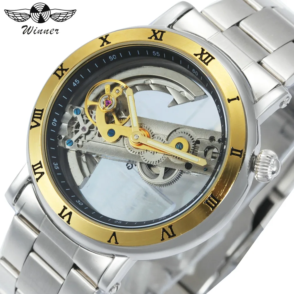

WINNER Men Mechanical Watch Skeleton Dial Watches Luxury Golden Bridge Full Steel Minimum Design Male Business Wristwatch