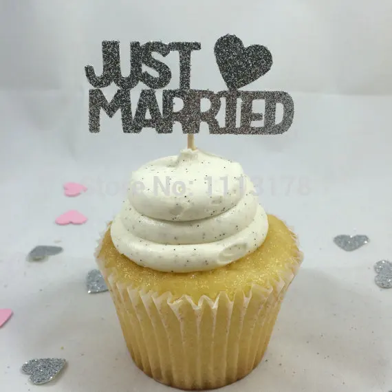 Silver Glitter Just Married Cupcake Toppers.wedding Party Bridal Shower Cupcake Topper Decor