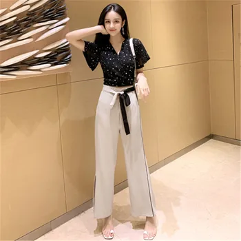 

CBAFU new fashion pants suit 2 piece set women's set flare sleeve v neck short top split wide legs pants summer female suit D891