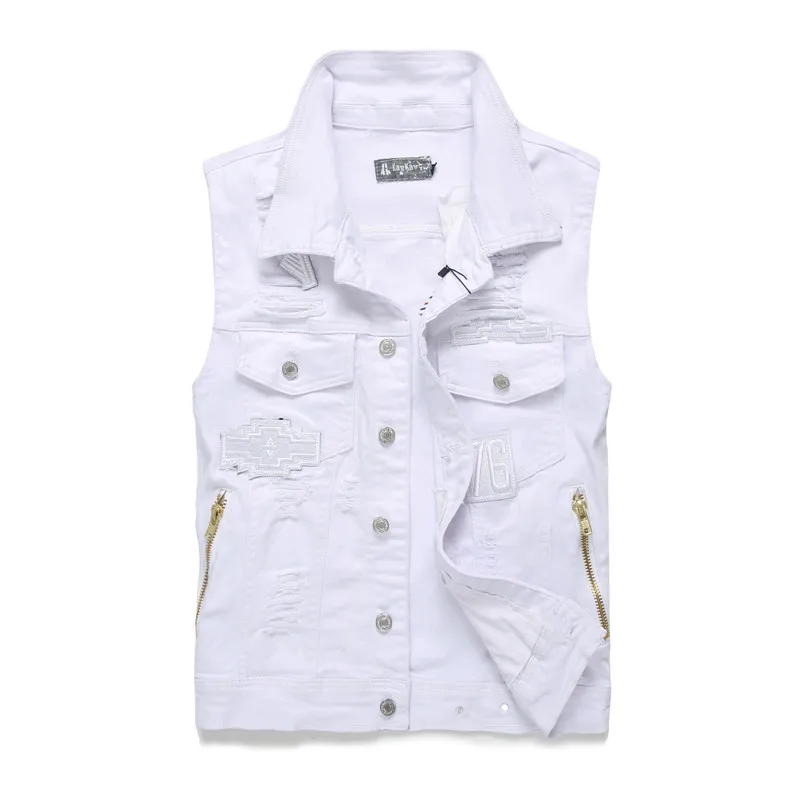 

MORUANCLE Fashion Mens Ripped Denim Vest With Patches Streetwear Distressed White Sleeveless Jean Jackets With Holes Size M-XXL