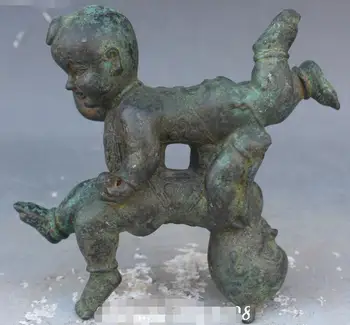 

Old China Antique Bronze Siamese Two Tongzi Kid Children Boy Yuanbao Fan Statue