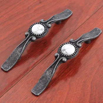 

76mm retro distress kitchen cabinet cupboard door handles 3" White natural gems drawer cabinet knobs pulls antique iron handles