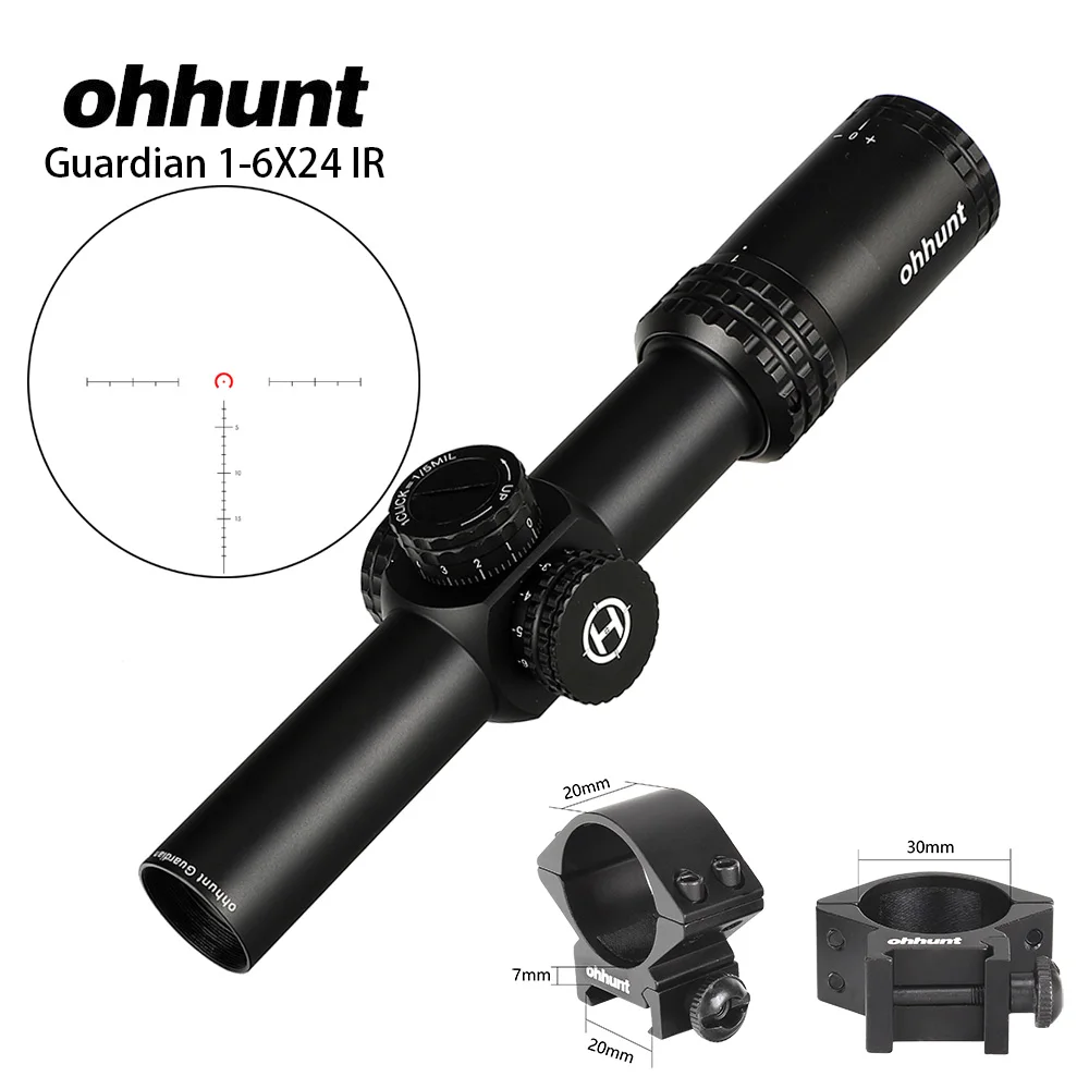 Тактический ohhunt Guardian 1-6X24 IR охотничьи оптические прицелы компактное стекло гравированное сетка llluminate башенки Блокировка сброса оптического прицела - Цвет: with Picatinny Rings