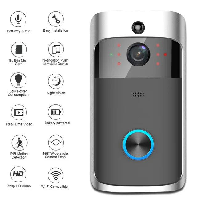 

WiFi Smart Wireless Security DoorBell HD 720P Visual Intercom Recording Video Door Phone Remote Home Monitoring Night Vision
