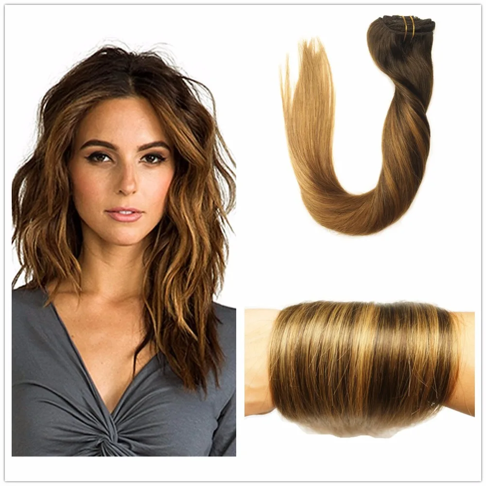 Color #2/2/6 Dark Brown Ombre Balayage Caramel Blonde Highlights Clip-in  Hair Extensions 9pcs Full Head Straight Remy Human Hair - Unknown -  AliExpress
