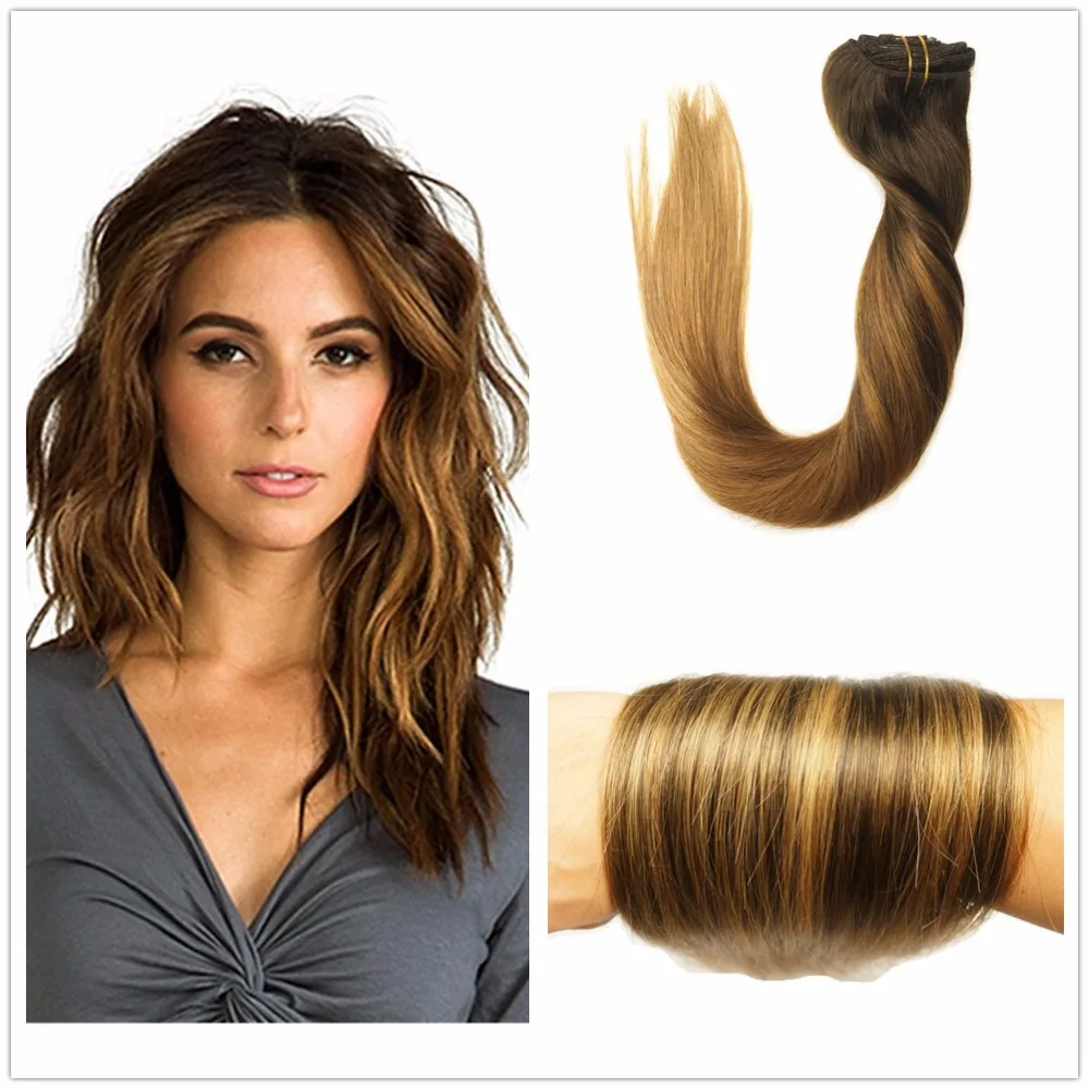 Couleur 2/2/6 Brun Foncé Ombre Balayage Caramel Blonde Faits Saillants Clip