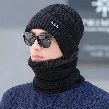 

2018 Solid Beanies Hats and Scarf set Men Women Knitted Cap Solid Black Winter Bonnet Hat Unisex Double Layer Fabric Caps