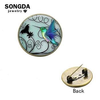 

SONGDA Blue Hummingbird Brooches for Women Birds Little Animal Art Painting Glass Round Pins Button for Coat Banquet Accessories