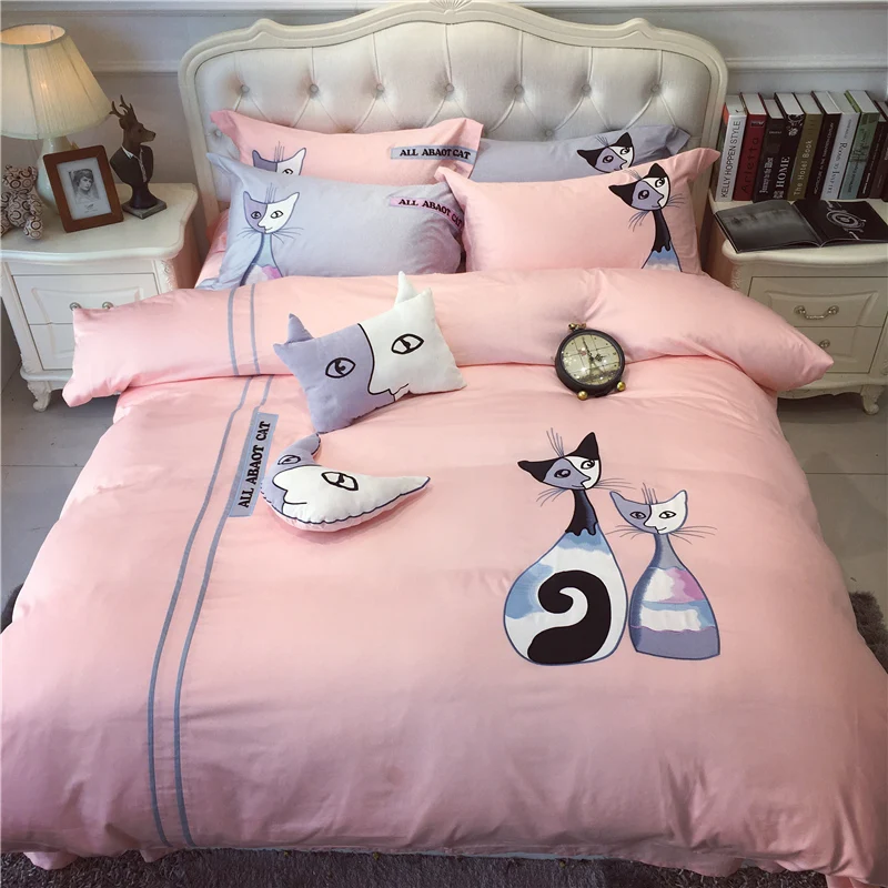 

3 Color Designs Abstract Cartoon Cat Cotton Embroidery Bedding Set Duvet Cover Bed Linen Bedsheet Pillowcases King Queen 4/6pcs
