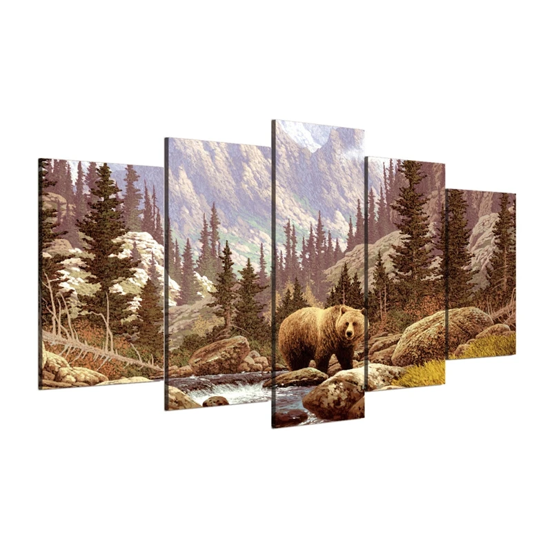 HD Printed Landscape Modular Pictures 5 Panel Wildland Forest Animal Bear Canvas Wall Art Painting Living Room Home Decor 