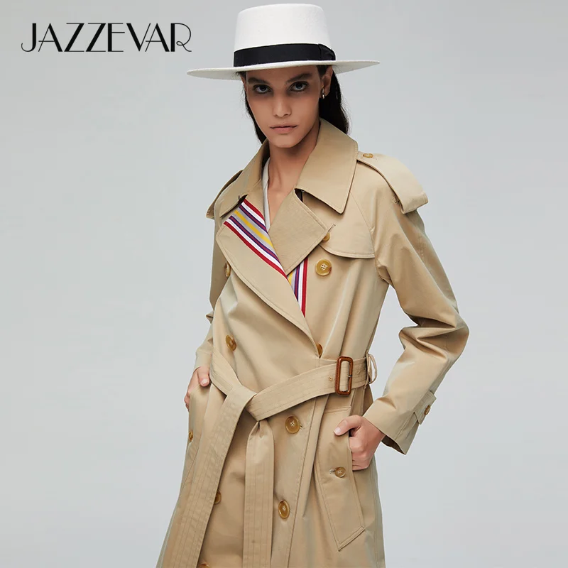 JAZZEVAR, Новое поступление, Осенний Тренч цвета хаки, женское повседневное модное хлопковое длинное пальто с поясом высокого качества для женщин 9004
