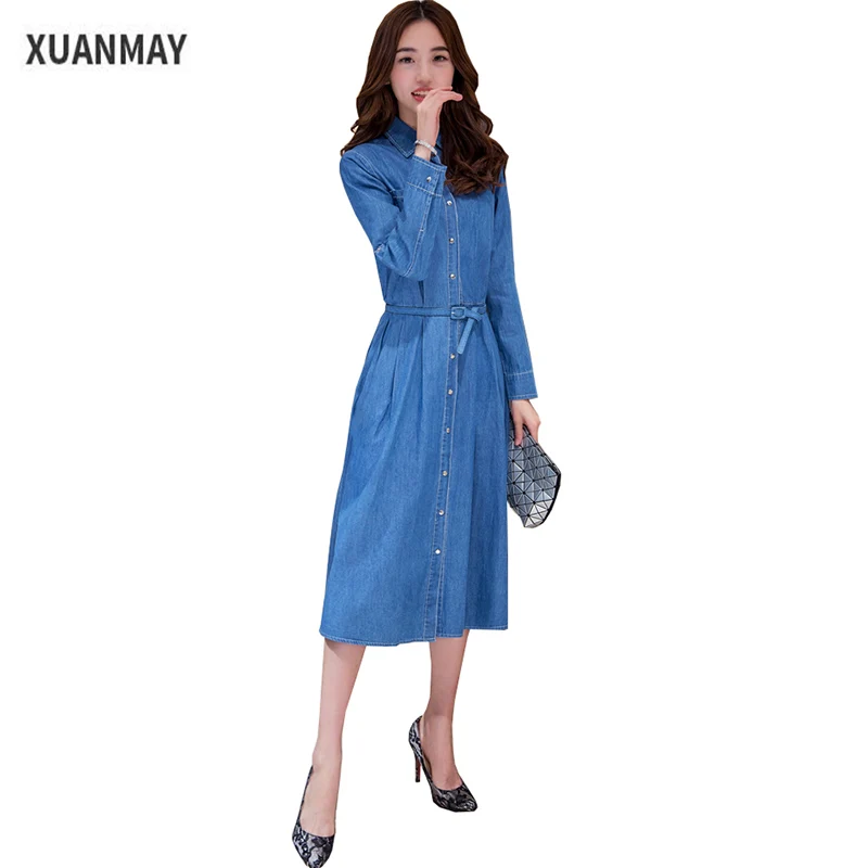 2017 Summer Casual Denim dress Long style Blue pencil Dress High