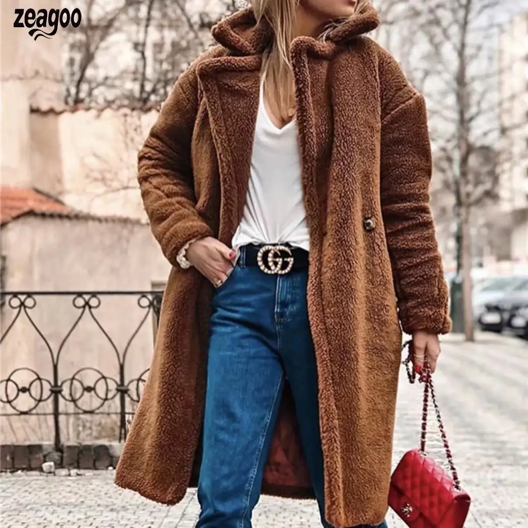 

Women Winter Warm Notched Collar Button Artificial Fur Coat Outwear
