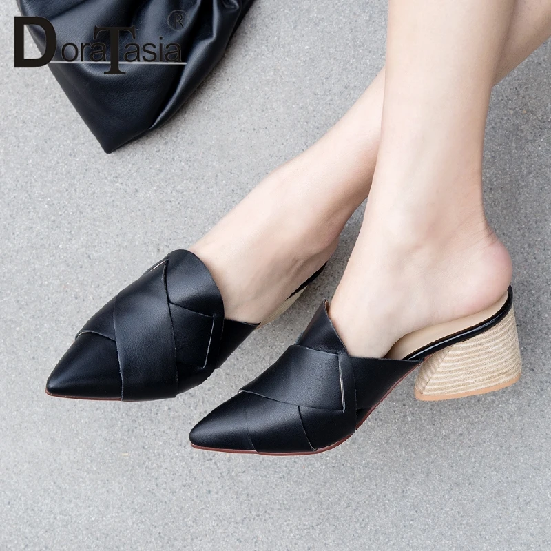 

DORATASIA 2019 Brand New Fashion Solid Mules Women Summer Cow Leather Pointed Toe High Heels Slippers Women Shoes Woman