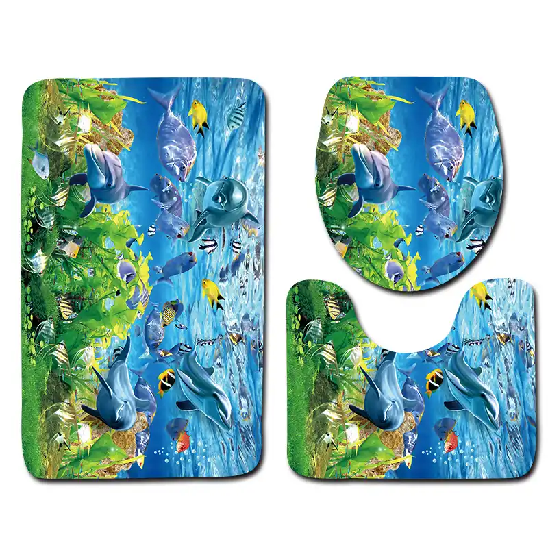 3d Fish Printed Bath Mat Sets 3 Piece Anti Slip Microfiber Floor