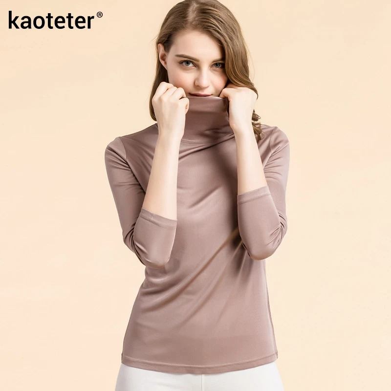 

70% Pure Silk 30% Viscose Women's T-shirts New Autumn Winter Basic Long Sleeve Turn-Down Collar Casual Female Tees Shirt Tops