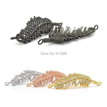 

New Gold Silver Rose Gold Color Micro Pave Cubic Zirconia Feather Charms Connector Bead Diy Charm Necklace Bracelet 42x11mm