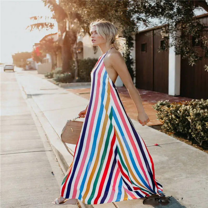 Women Summer Cocktail  Boho Long Dress Striped Summer Hot Fashion Female Party Beach Dresses Sundress