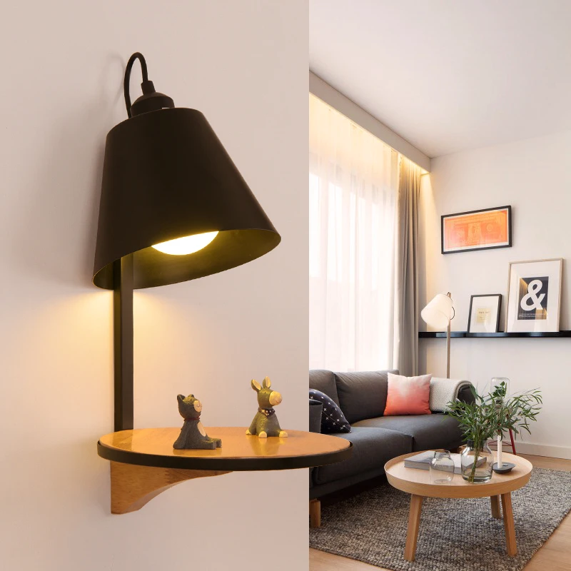 

Nordic bedroom living room bedside wall lamp creative aisle iron embossed corridor single head Wooden wall lights Sconces decors