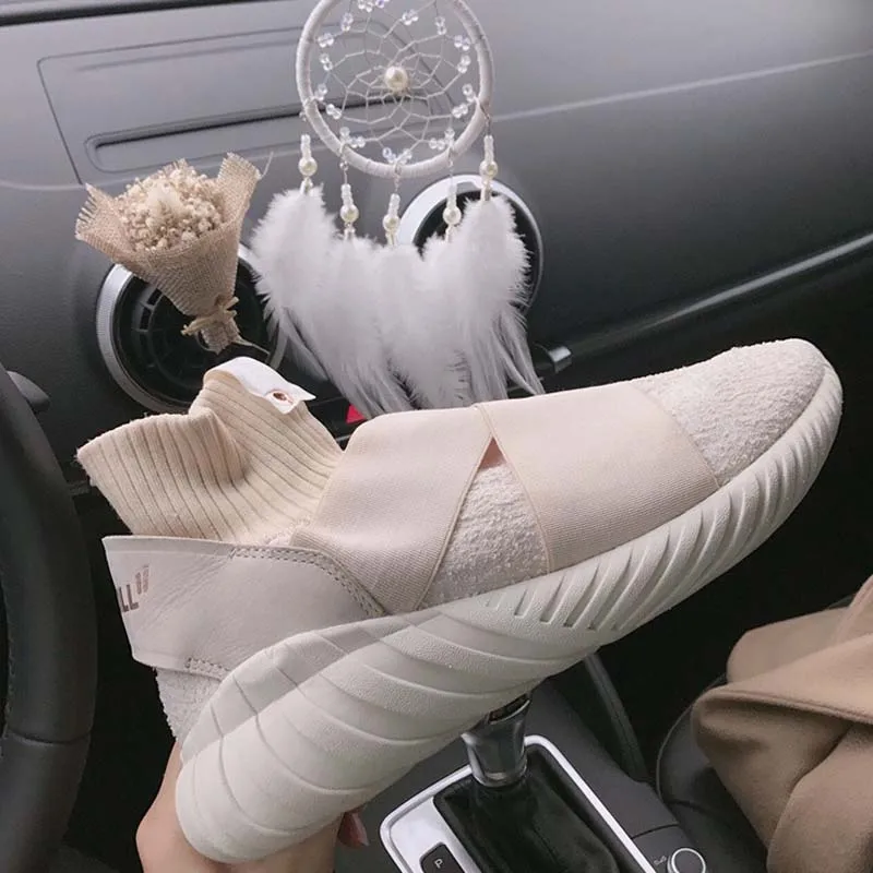 

2019 new thick bottom Suede breathable Summer sneakers women casual stretch socks running shoes woman chaussures femme