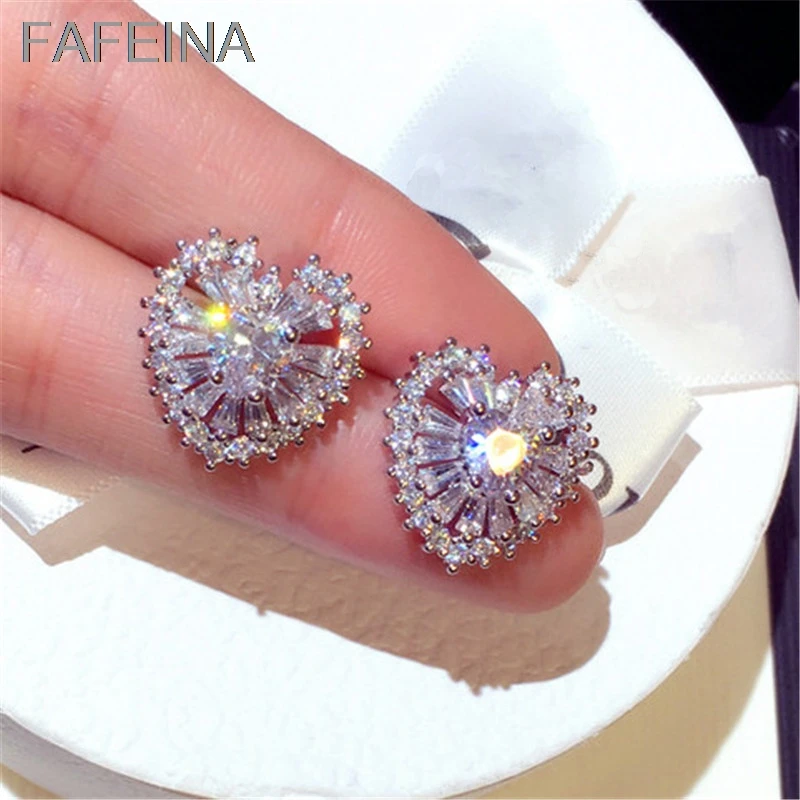 

FAFEINA New S925 Silver Needle Stud Earrings For Women Earrings Super Luxury Cubic Zirconia Silver Color Heart Earrings Women